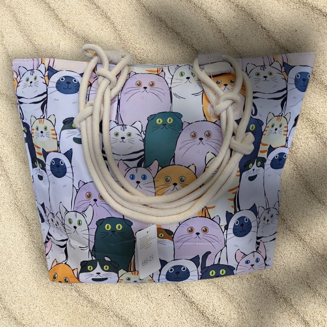 Bolsa grande para playa con gatitos en tono malva y el asa de cuerda