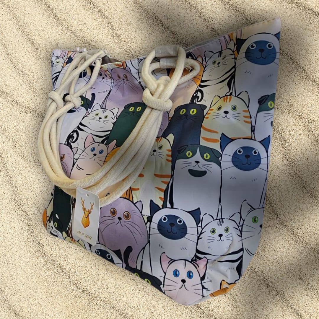 Bolsa grande para playa con gatitos en tono malva y el asa de cuerda