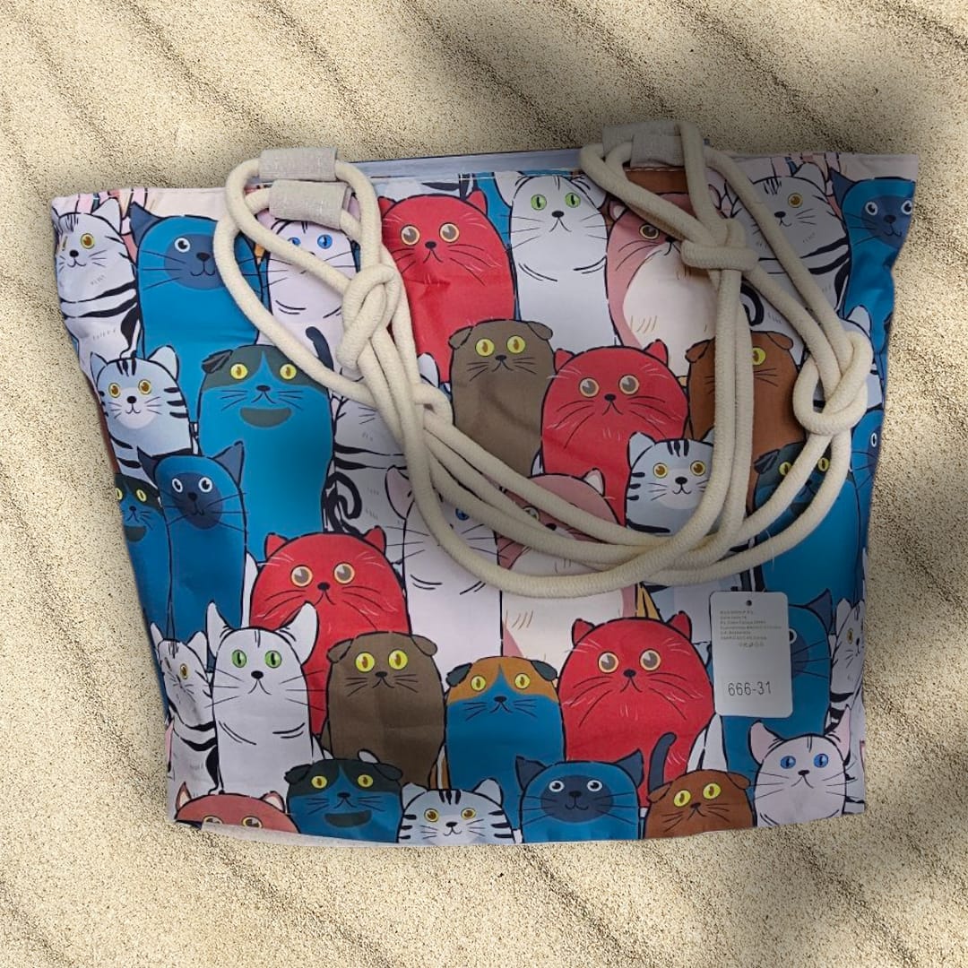 Bolsa grande para playa con gatitos en tono azul y el asa de cuerda