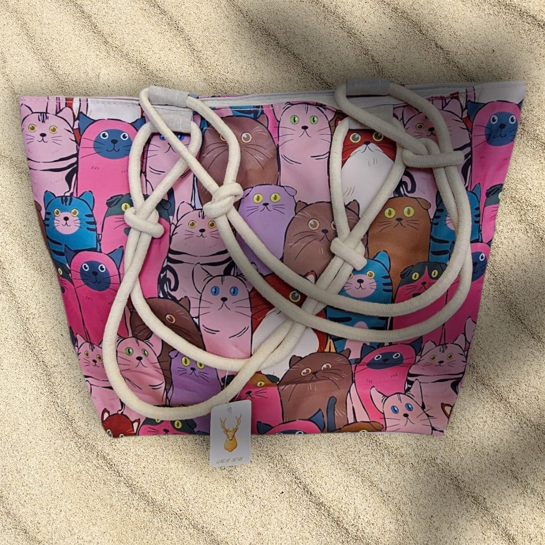 Bolsa grande para playa con gatitos en tono fucsia y el asa de cuerda