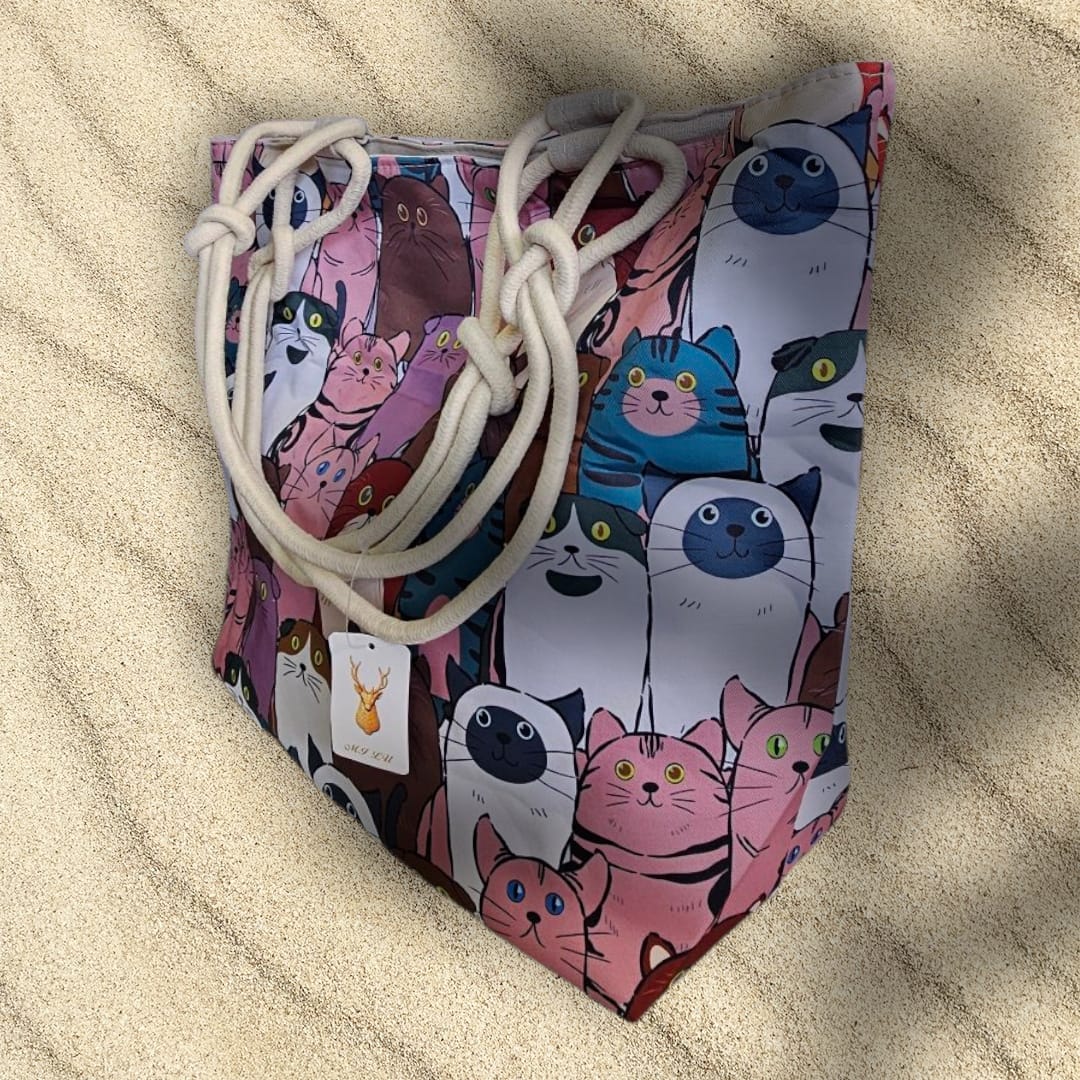 Bolsa grande para playa con gatitos en tono rosa y el asa de cuerda