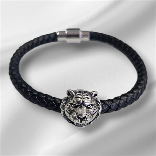 Pulsera de cuero y acero con cabeza de león