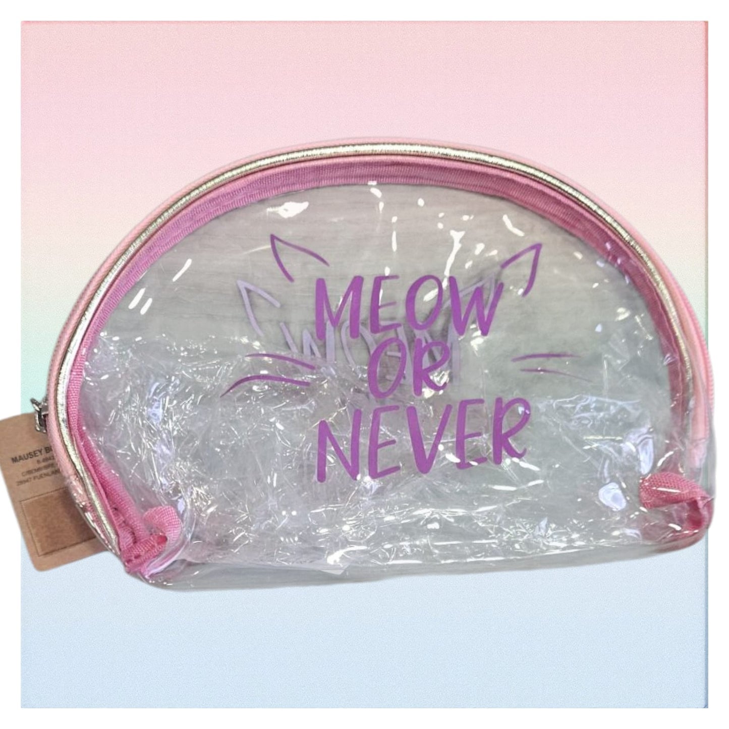 Neceser de PVC con orejas de gatito y frase "MEOW OR NEVER"
