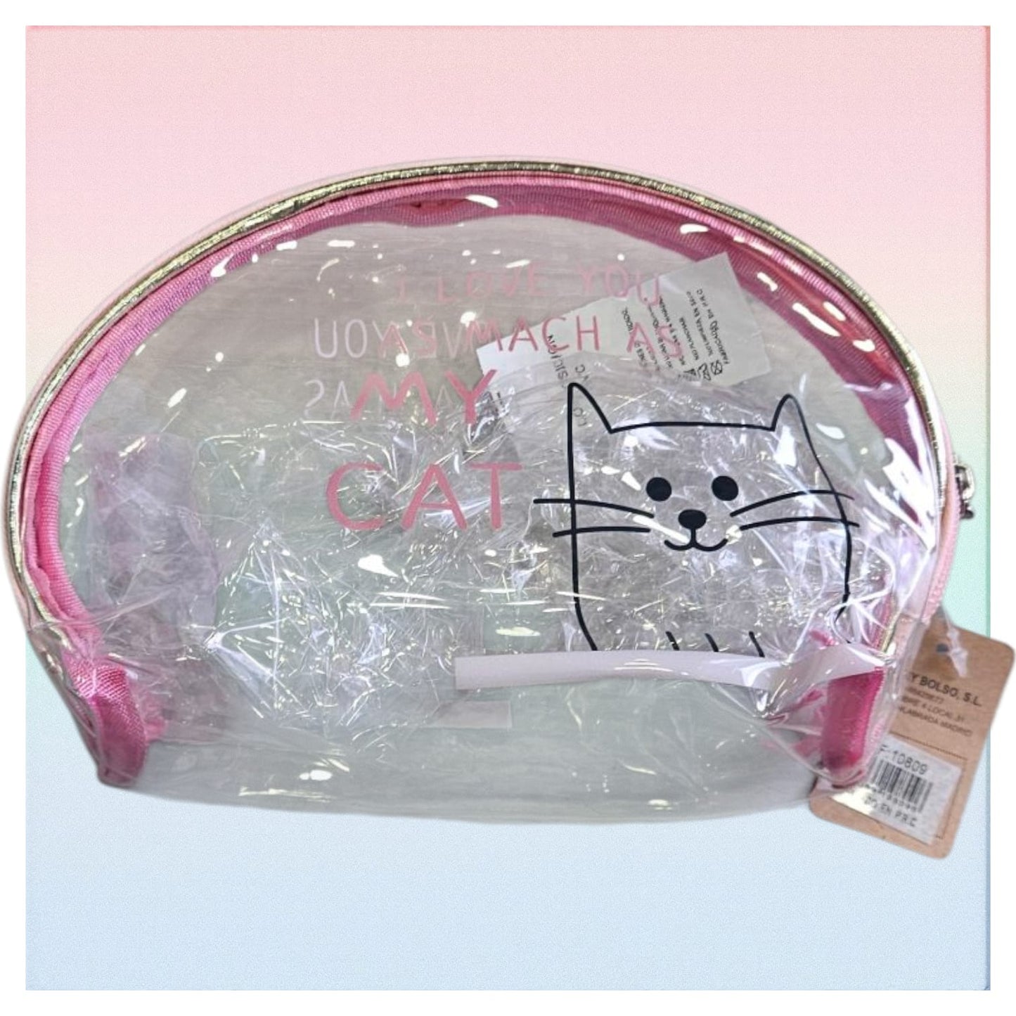 Neceser de PVC con gatito y frase "I LOVE YOU AS MACH AS MY CAT"