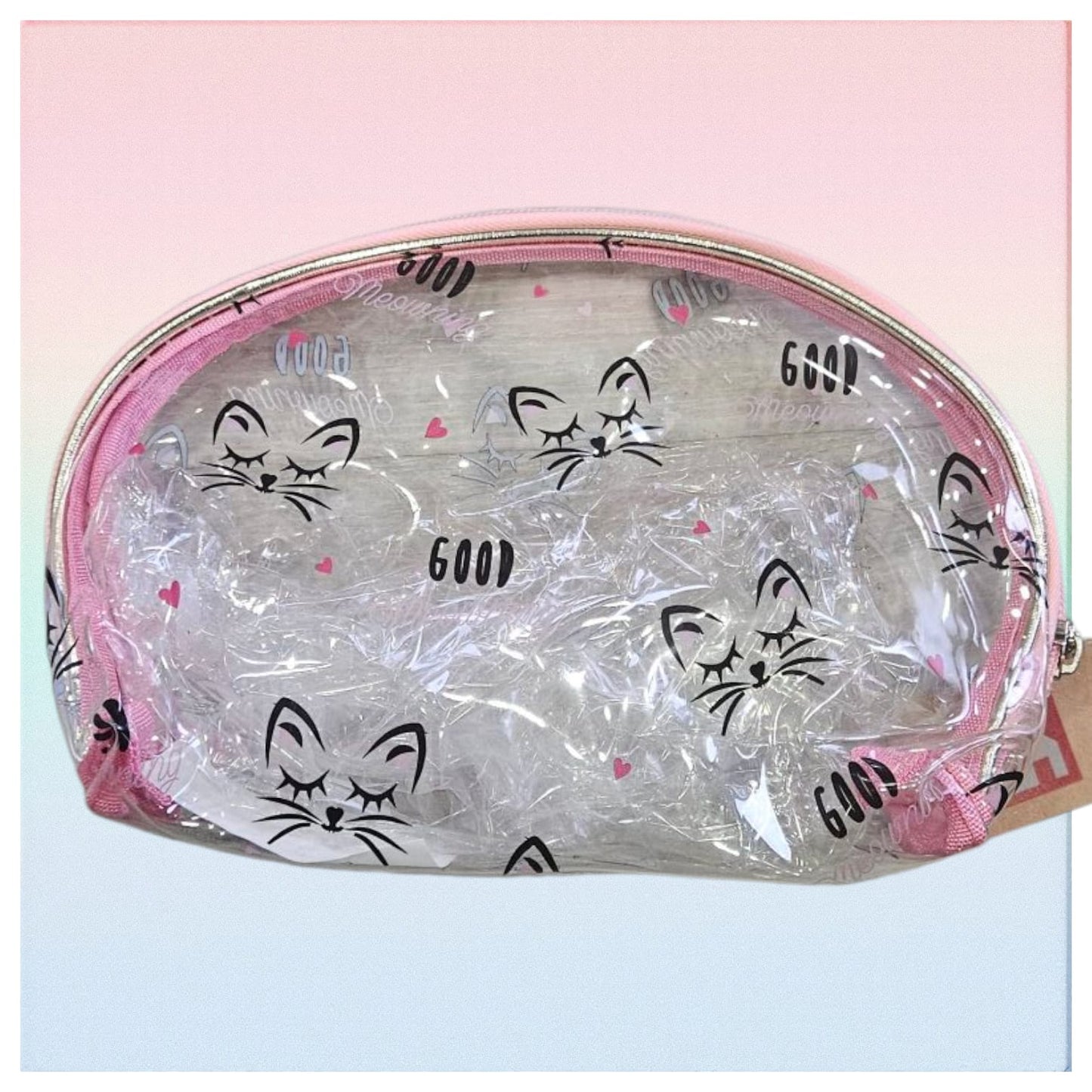 Neceser de PVC con orejas de gatito y frase "GOOD"