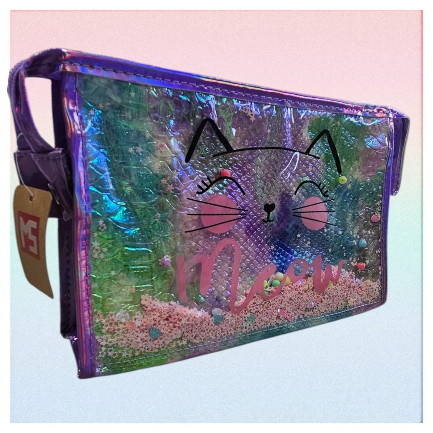 Neceser de PVC morado de gatito con estrellitas y abalorios de colores