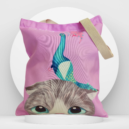 Tote bag con estampado de gatito con pavo real