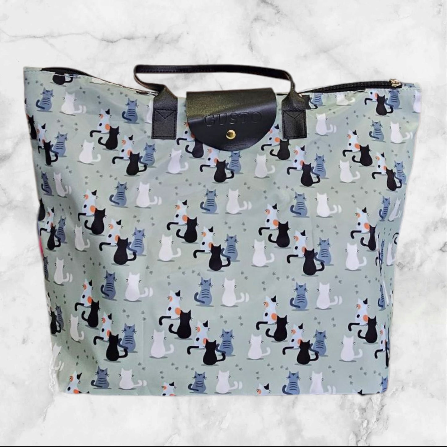 Bolsa Tote Verde con Gatos – Plegable