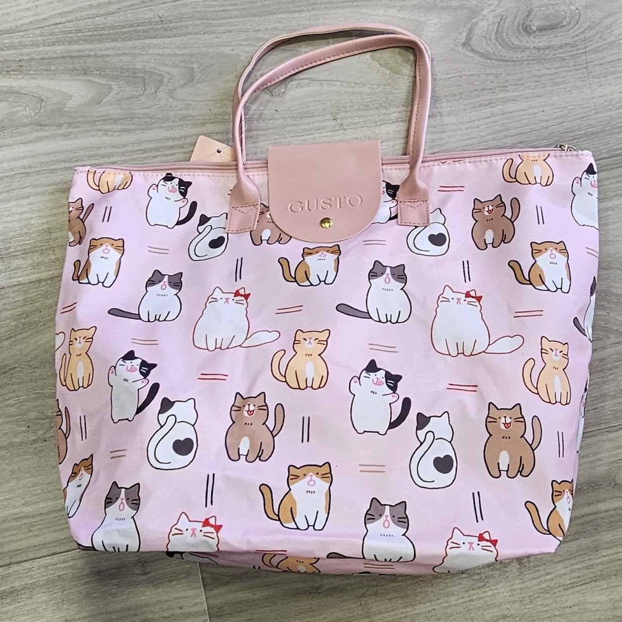 Bolsa Tote Rosa con Gatos Ilustrados – Plegable