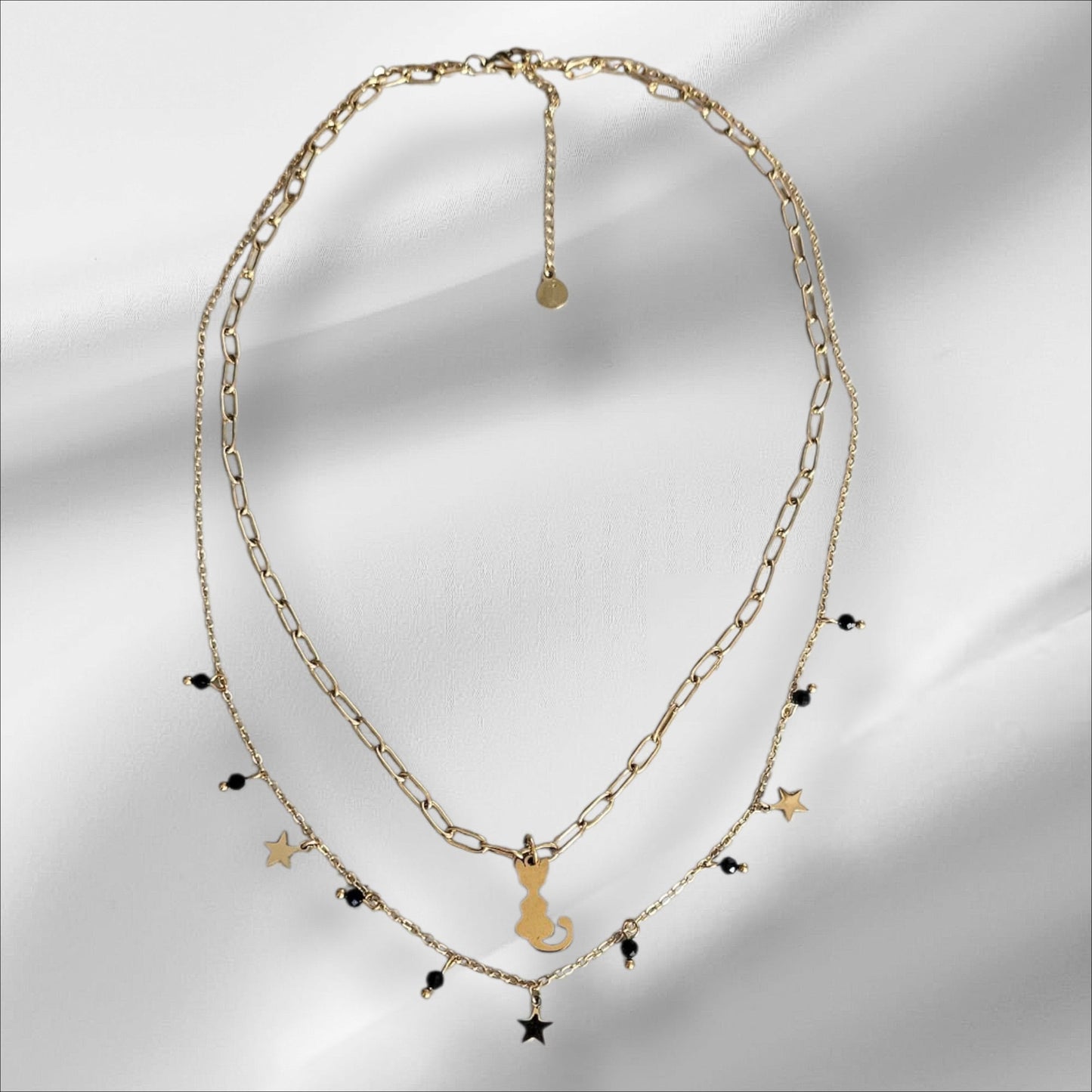 Collar Doble de acero Estelar con Gato Dorado