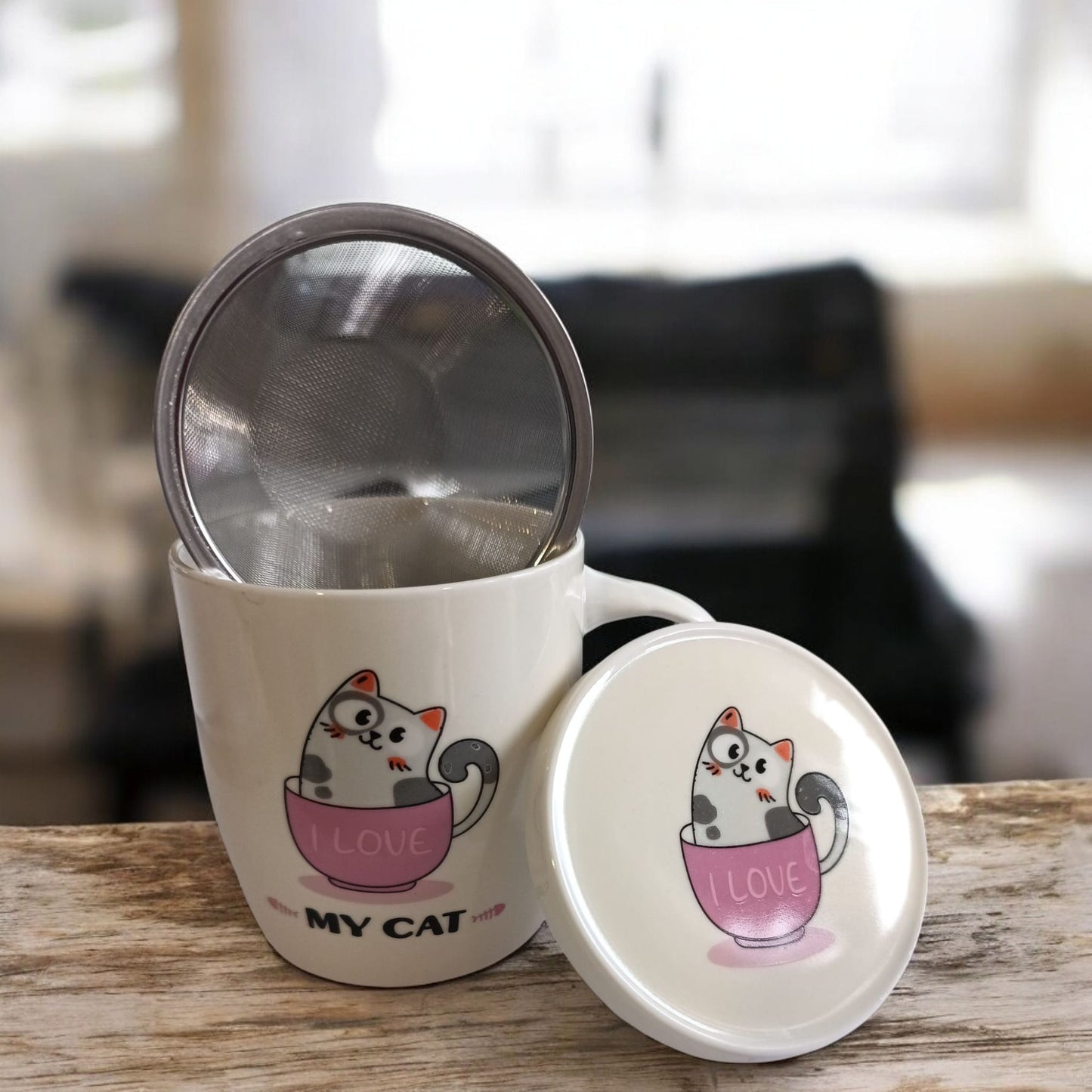 Taza “I Love My Cat” con Filtro y Tapa – Perfecta para Amantes del Té y los Michis
