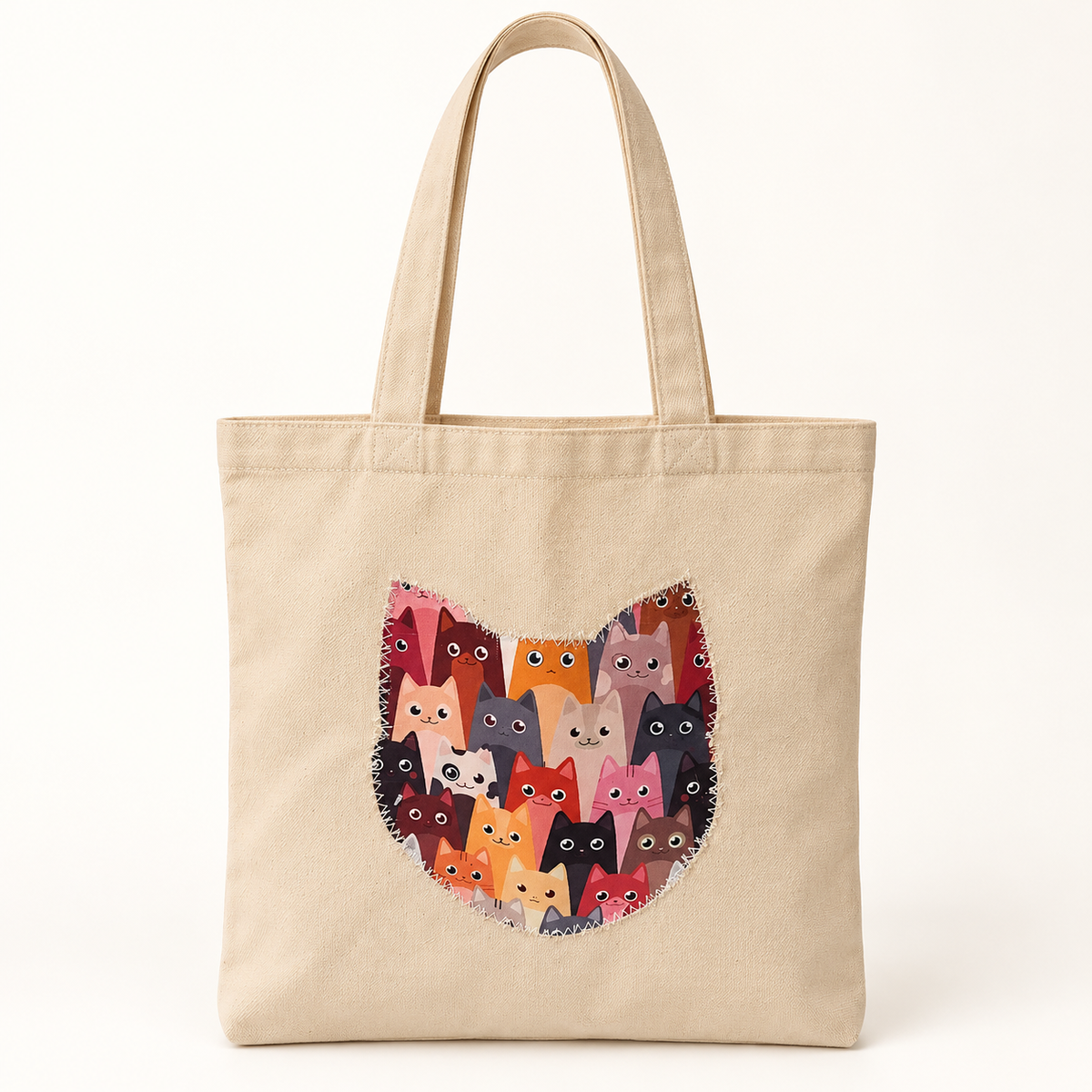 Tote bag artesanal beige con gatos multicolor (@lucikukadas)