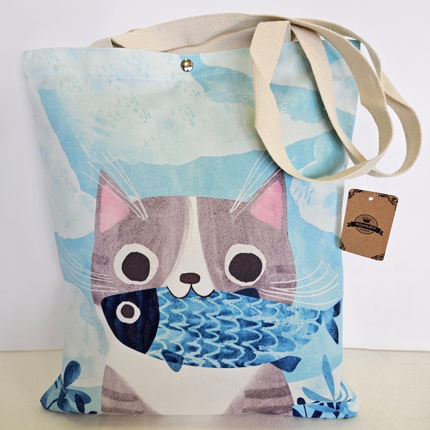 Bolsa tote bag de tela estampado gatito con pez
