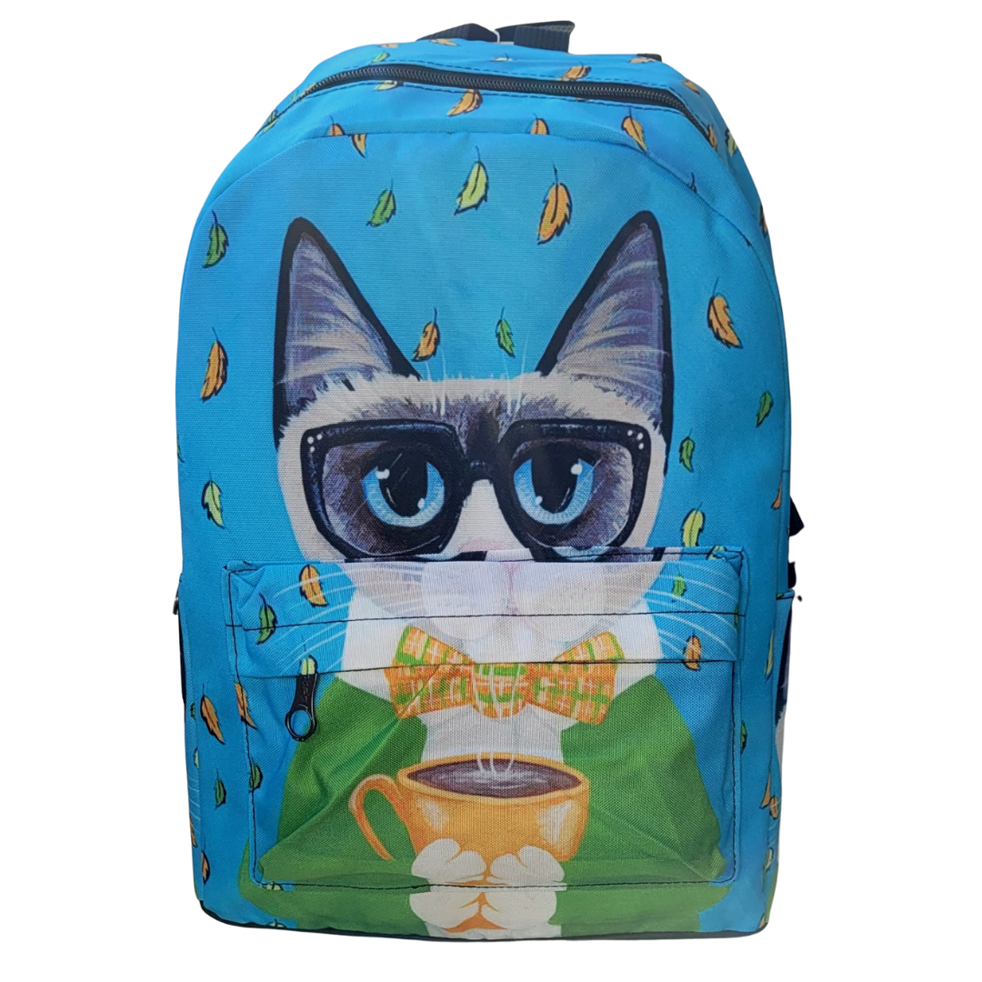 Mochilas adulto y niño, azul con gatete con pajarita y gafas.