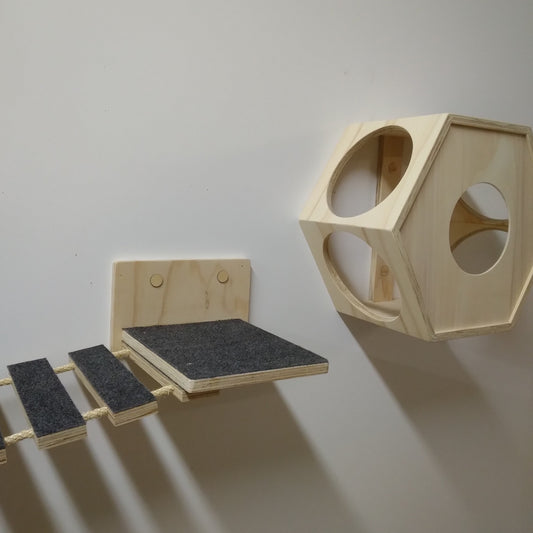 Puente de madera con moqueta y dos repisas rectas