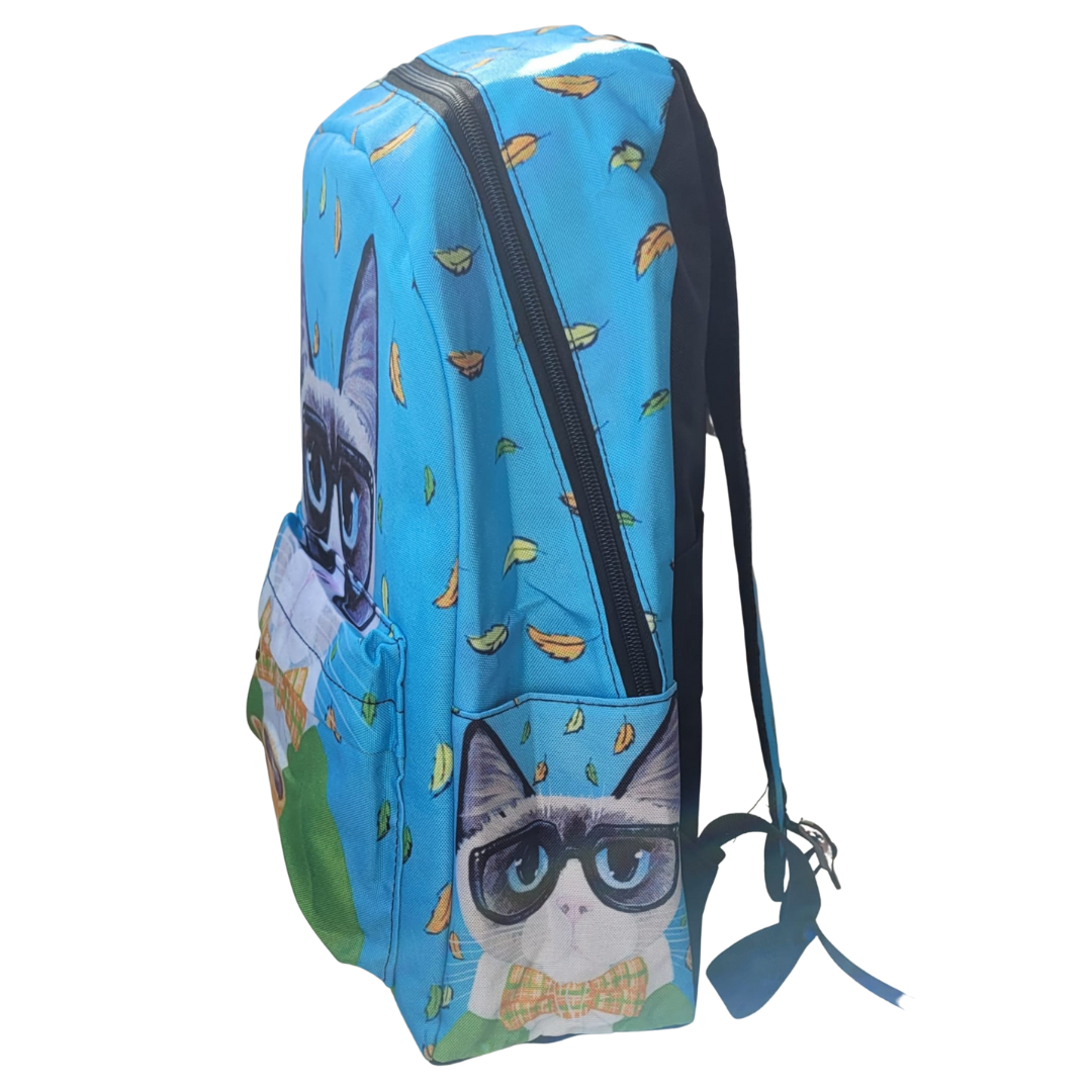 Mochilas adulto y niño, azul con gatete con pajarita y gafas.