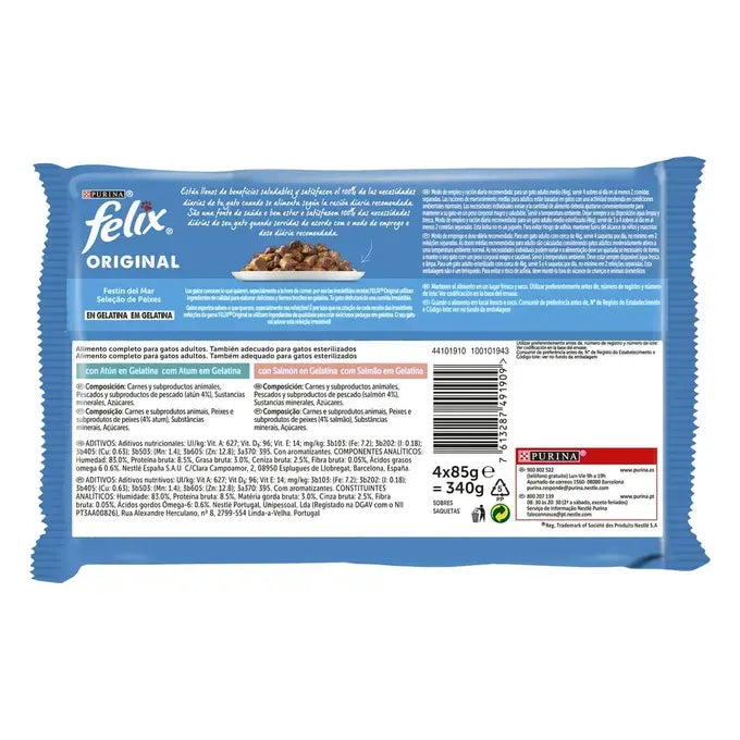 PURINA Felix Original Selección de Pescados Sobres en Gelatina 4x85g