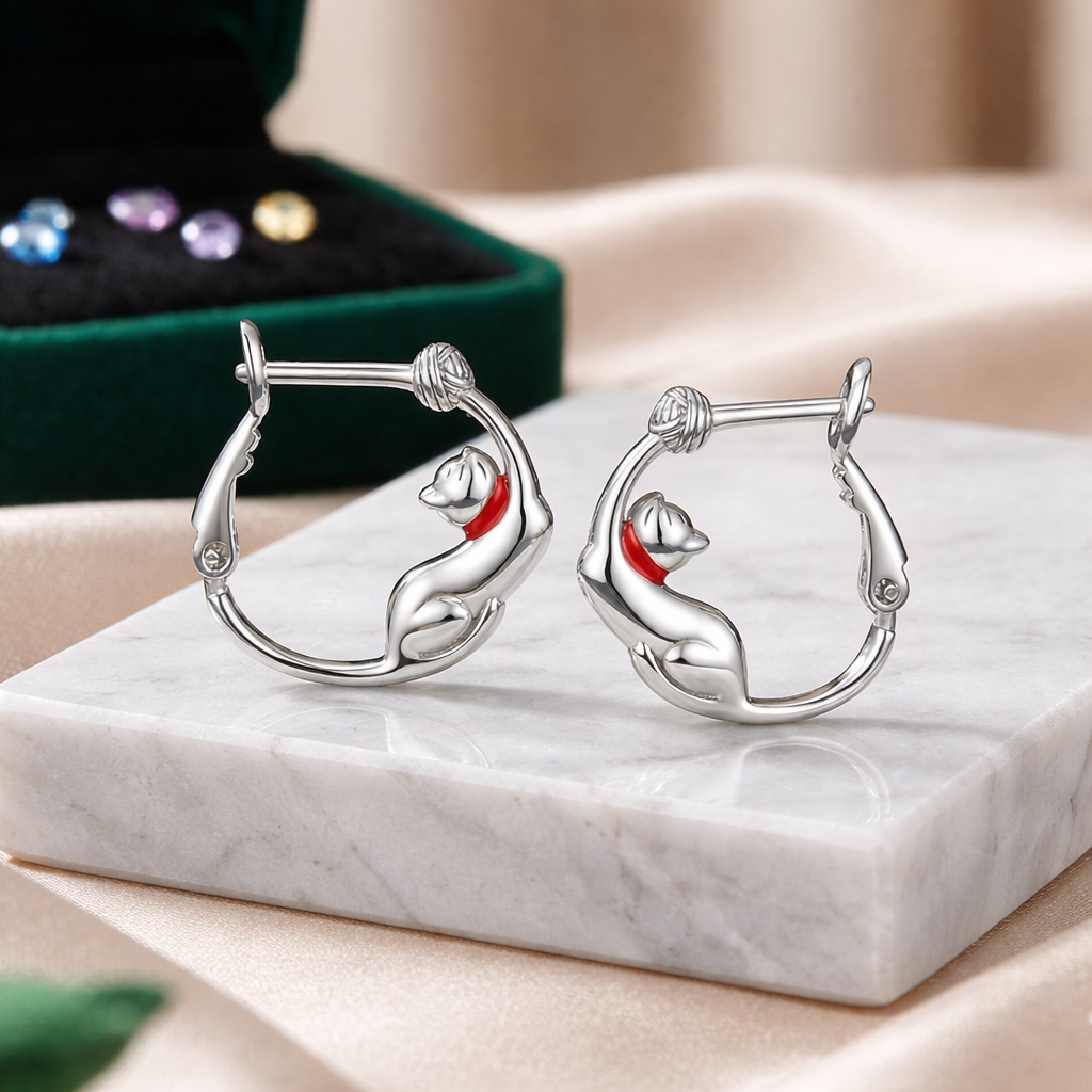 Pendientes de Plata de Ley de arete con gatete y collar rojo