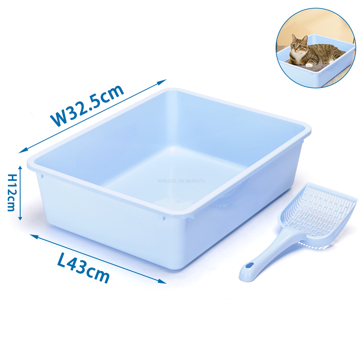 Arenero para gatos con pala de 43 × 32,5 × 12 cm - Azul