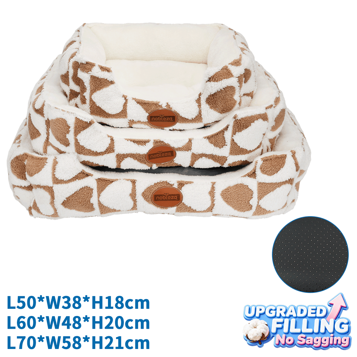 Set de 3 camas para perro y gato con corazón – Marrón y blanco