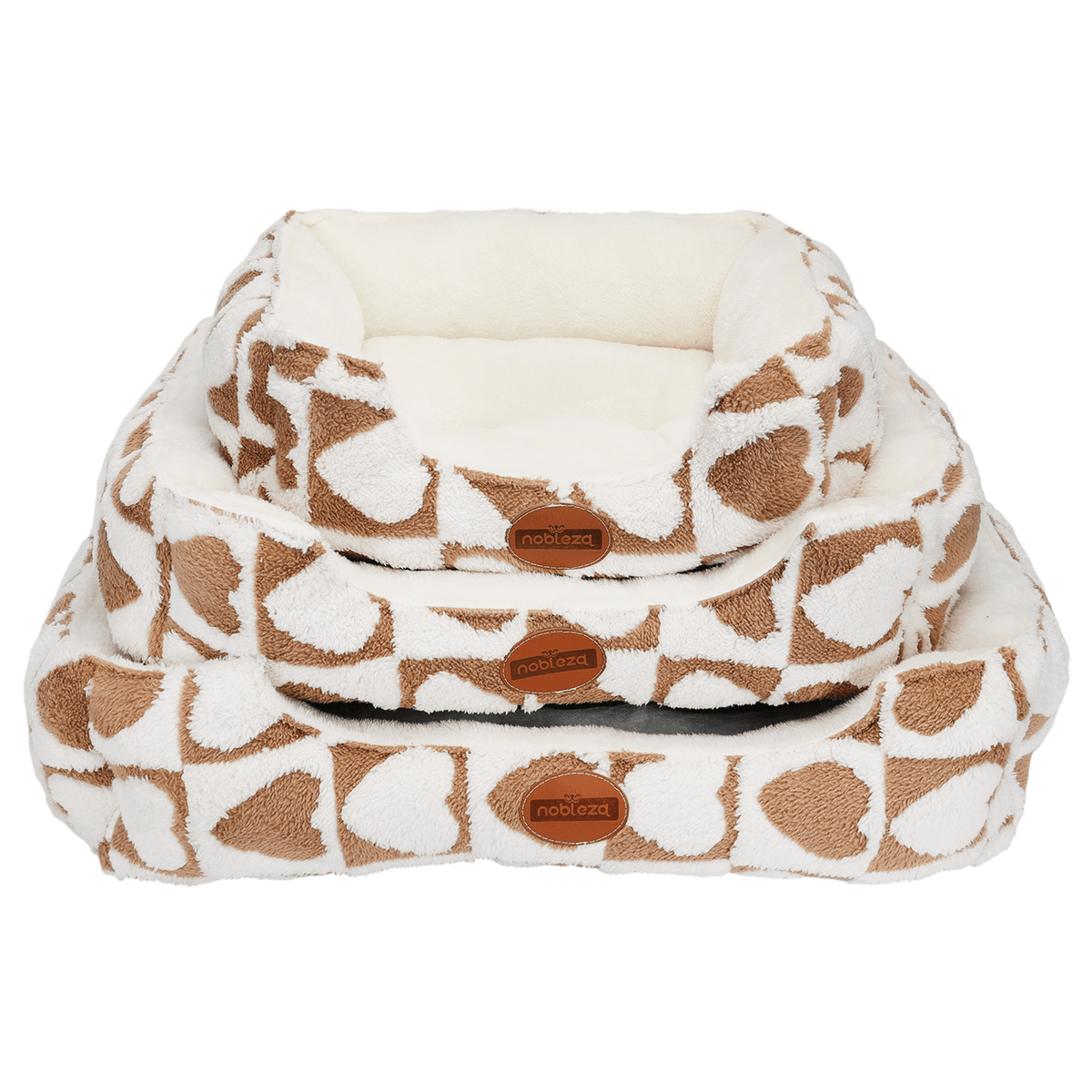 Set de 3 camas para perro y gato con corazón – Marrón y blanco