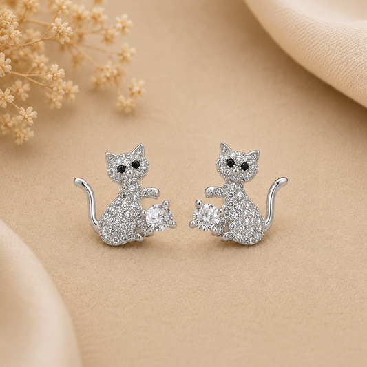 Pendientes Gatito Brillo Plateados