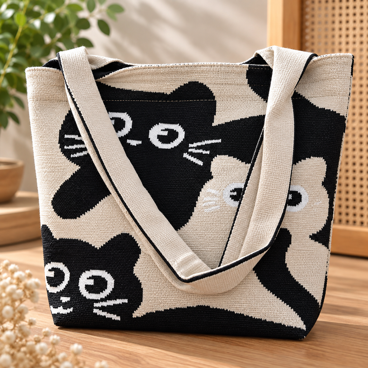 Bolso shopper de gatos en tejido de punto