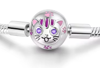 Pulsera de plata de ley tipo pandora con cierre con cabeza de gatito