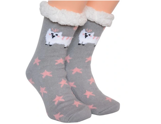 Calcetines antideslizantes térmicos grises con estrellas rosa y gatito blanco