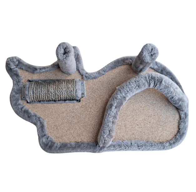 Rascador inclinado de madera para gatos con forma de gato