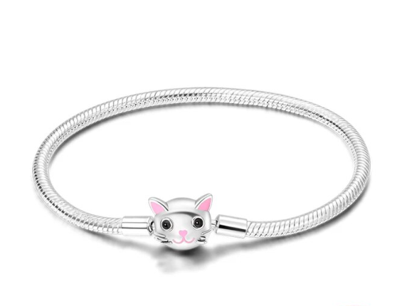 Pulsera de plata de ley  tipo pandora con cierre en forma de cabeza de gatete con orejas y nariz rosa