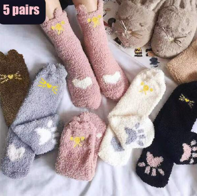 Calcetines de terciopelo coral para mujer con diseño de corazón y garras de gato (pack de 5 pares)