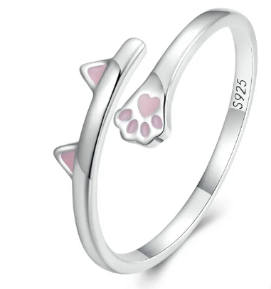 Anillo en Plata de Ley de orejas y hulla de gatito en rosa