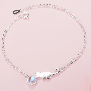 Pulsera de Plata de Ley gato con piedra de cristal en azul