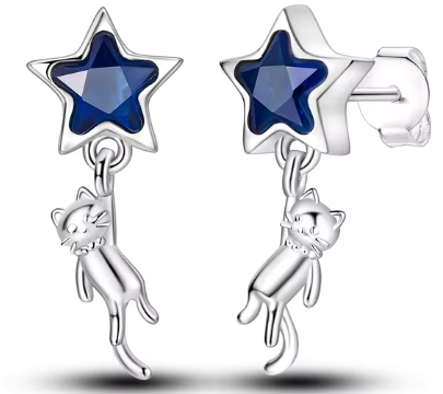 Pendientes de Plata de Ley con estrella azul y colgante de gatito