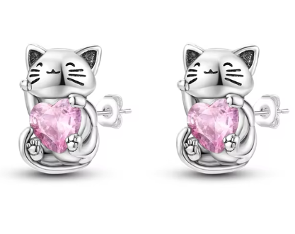 Pendientes de Plata de Ley de gatito y circonita en rosa