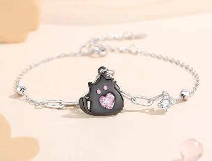 Pulsera de Plata de Ley con gatito negro y corazón rosa