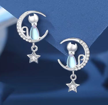 Pendientes de Plata de Ley con circonitas con luna, gatito y colgante de estrella