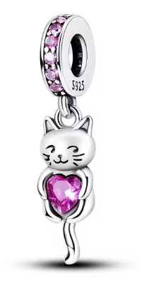 Abalorio de Plata de Ley de gatito con corazón de circonita rosa