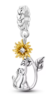 Abalorio de Plata de Ley de gatito con girasol