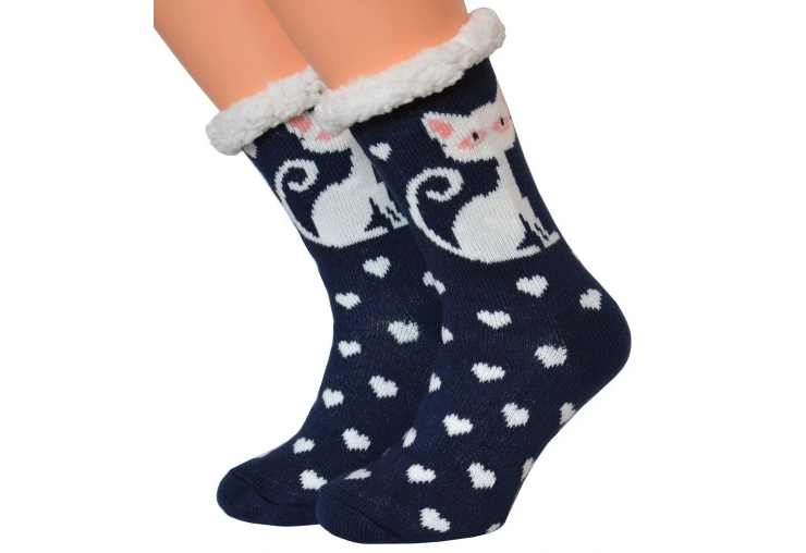 Calcetines antideslizantes térmicos azules con corazones y gatito blanco