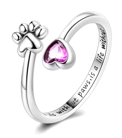 Anillo de Plata de Ley ajustable con huella y corazón con circonita rosa