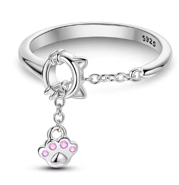 Anillo de Plata de Ley ajustable con cabeza de gatito y huella con circonita rosa