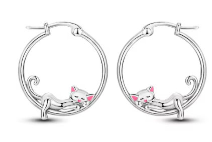Pendientes de Plata de Ley de aro con gatito durmiendo