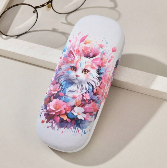Funda para gafas rígida con diseño de gatito blanco con flores