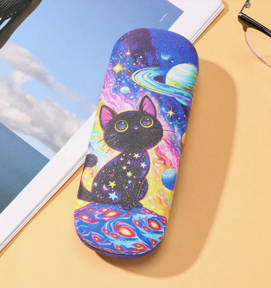 Funda para gafas rígida con diseño de gatito negro y universo