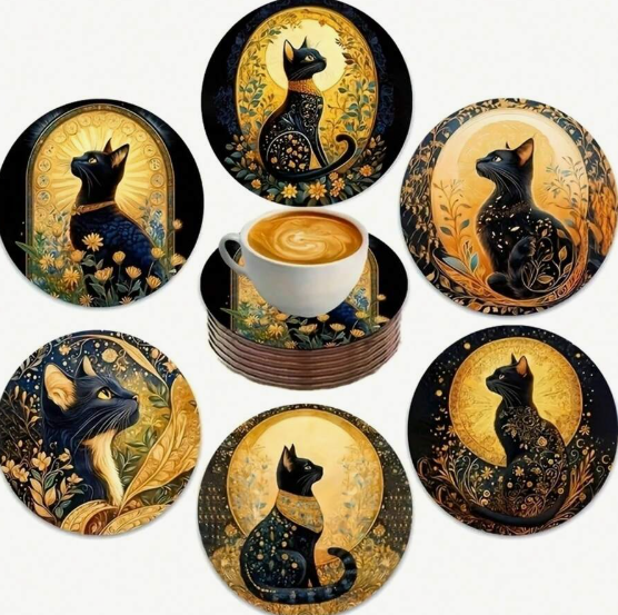 Posavasos de madera con diseño de gatos (6 uds)