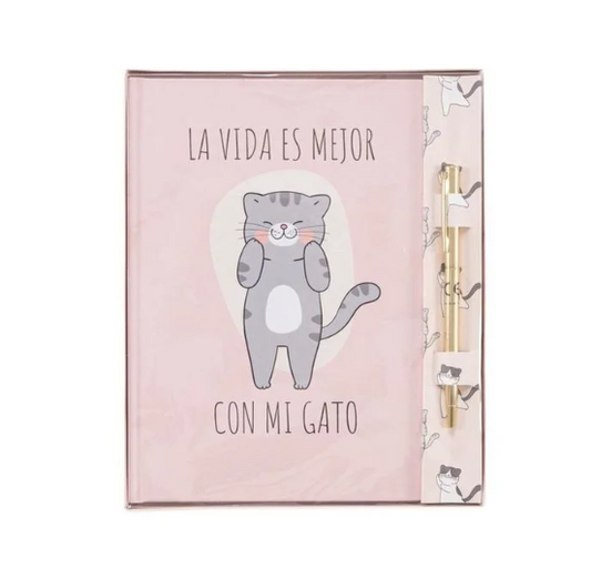 Libreta “La Vida es Mejor con Mi Gato” + Bolígrafo Dorado