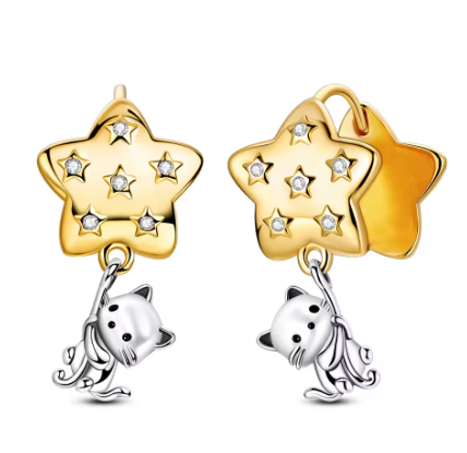 Pendientes de Plata de Ley Estrella con Gatito Colgante