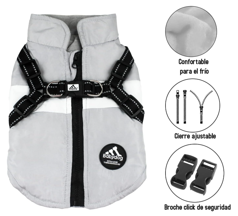 Abrigo para perro con arnés integrado. Color gris